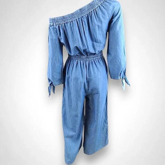 MICHAEL Michael Kors Off-Shoulder Cropped Chambray Jumpsuit Light Cadet Wash XS - Picture 3 of 6